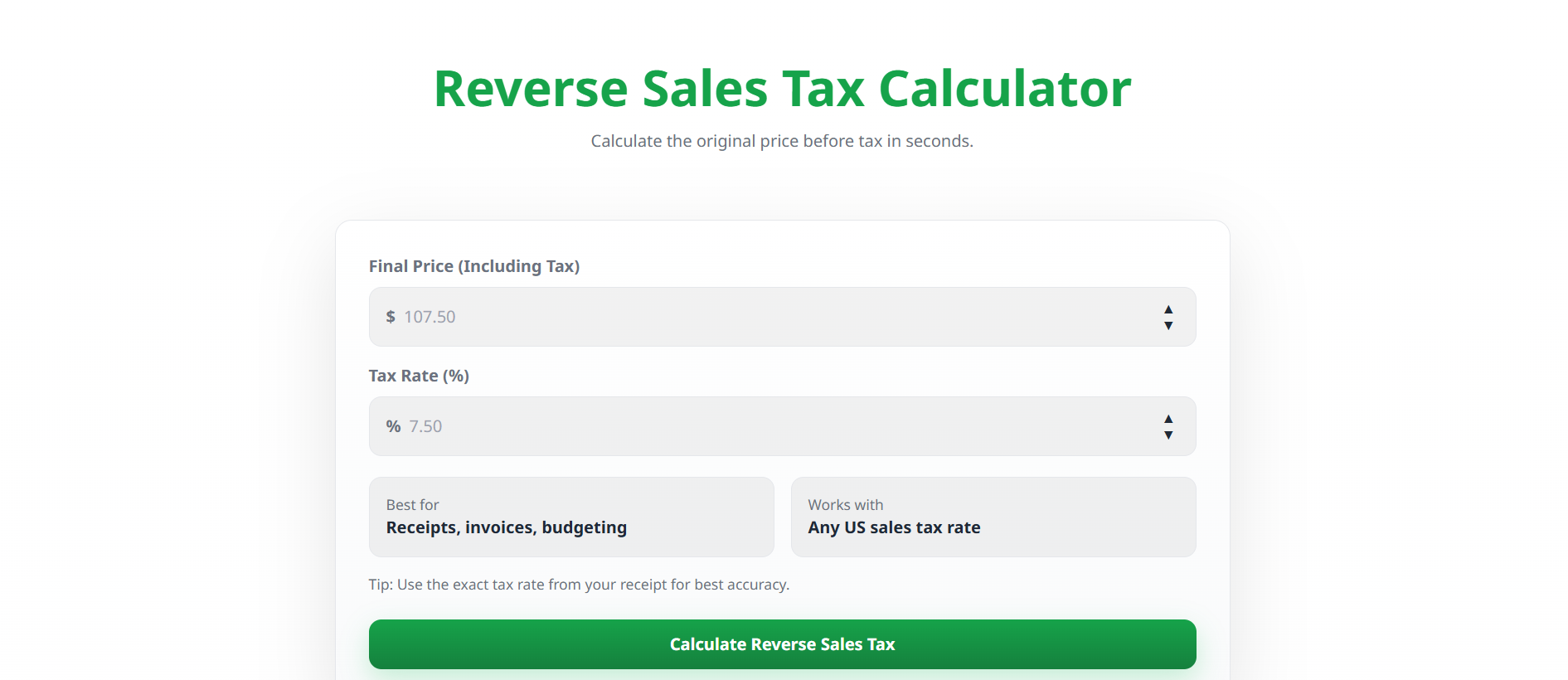 Reverse Sales Tax Calculator interface